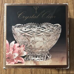 Vintage Crystal Clear Industries Etched Rose 24% Lead Crystal Footed Bowl 6"